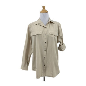 ExOfficio Shirt Womens 6/8 Khaki Snap Buttons Tab Sleeve Flap Pockets Collar